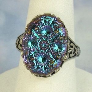 Iridescent Ring Blue Glass Opal Vintage Ring Silver Adjustable Band